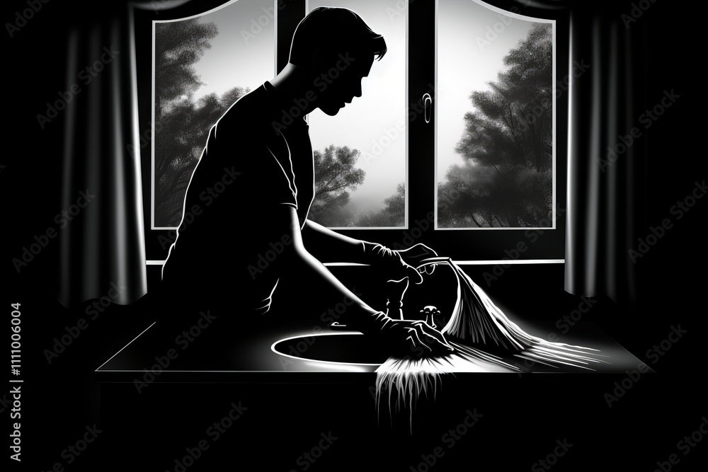 Aufkleber silhouette of a worker gazing out the window with space below for captions or text
