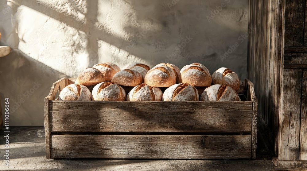Poster freshly baked artisan bread rolls in rustic wooden crate with natural light creating soft shadows in