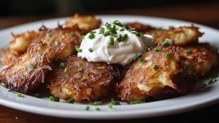Fototapeta premium Photo of, A plate of crispy potato latkes served with sour cream and applesauce, Potato latke plate centered