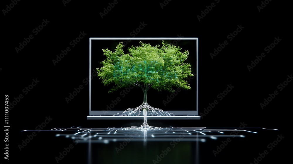 Poster a creative illustration of a computer with abstract roots representing technology and growth