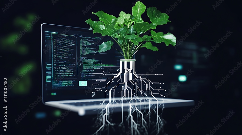 Poster a creative illustration of a computer with abstract roots representing technology and growth