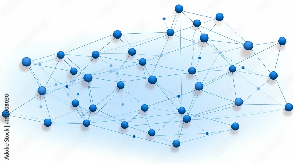 Poster abstract network diagram featuring connecting lines and nodes in shades of blue on white background