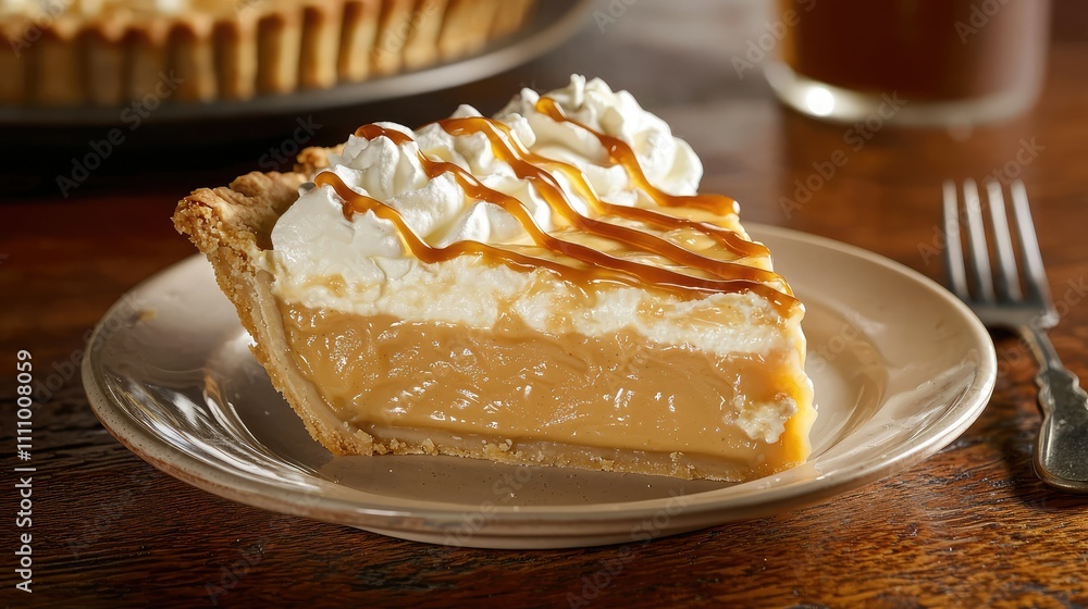 Poster delicious slice of creamy caramel pie topped with whipped cream and drizzled with sweet caramel sauc
