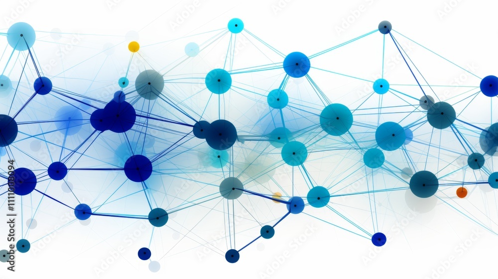 Poster abstract network diagram featuring connecting lines and nodes in shades of blue on white background
