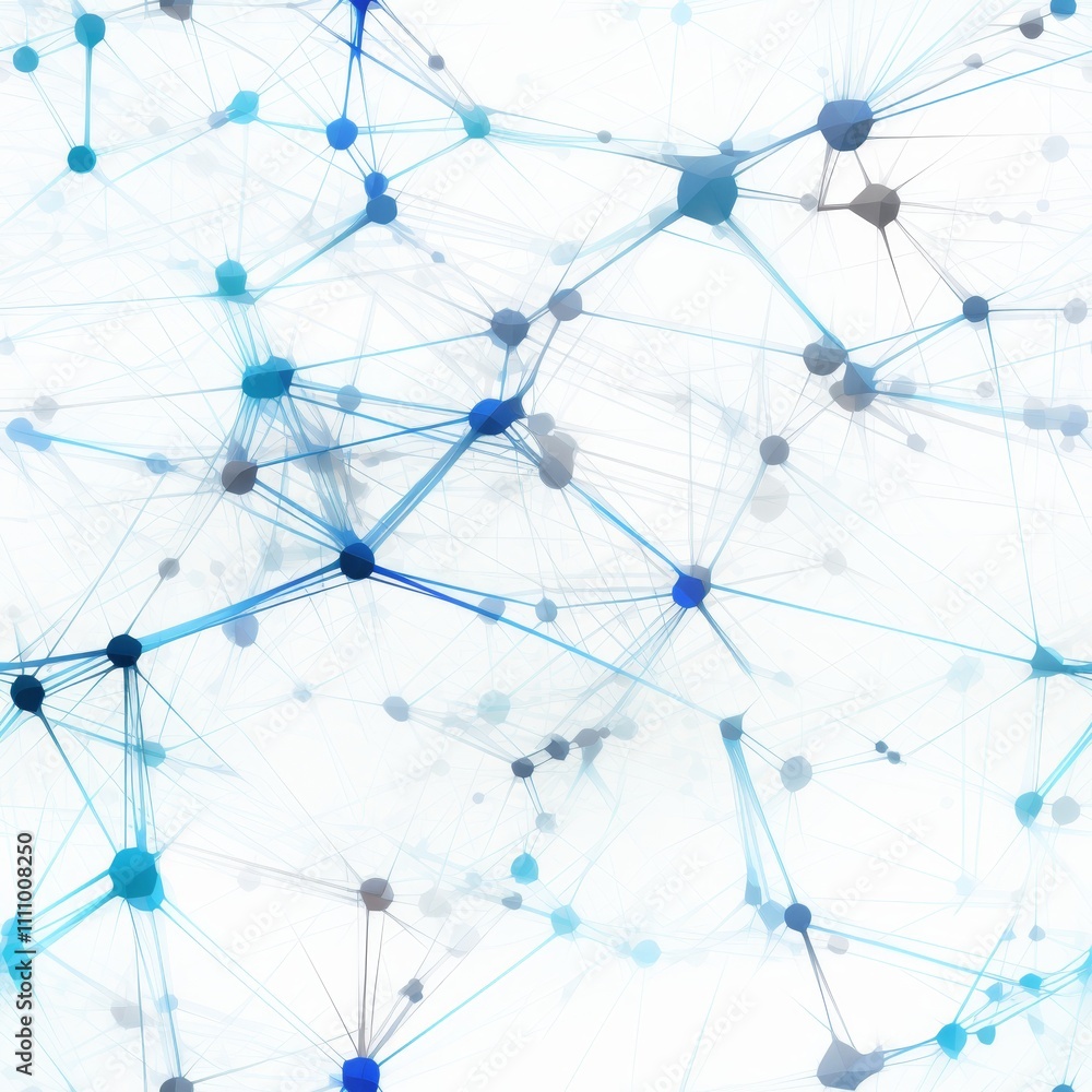 Poster abstract network diagram featuring connecting lines and nodes in shades of blue on white background