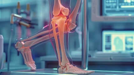 A detailed digital illustration of a human knee joint highlighting anatomical structures in a clinical setting.