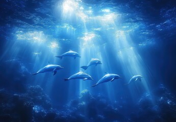 Fototapeta premium Graceful dolphins swimming gracefully in vibrant blue underwater scene with sunlight rays illuminating the ocean floor and showcasing marine beauty in a serene atmosphere.
