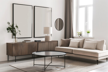 Bright and modern living room interior with dual wall art mock-up frames, beige sofa, wooden sideboard, and minimalist decor, designed in neutral tones and natural light