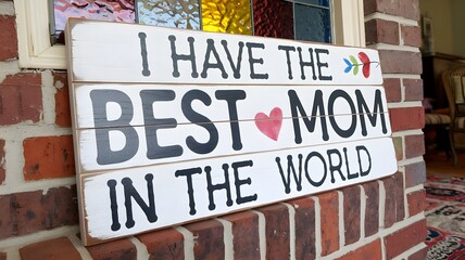 Handmade wooden sign: "I have the best mom in the world."