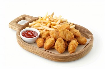 Fototapeta premium A wooden plate with chicken nuggets, French fries, and sauce in small glass bowls on a white background