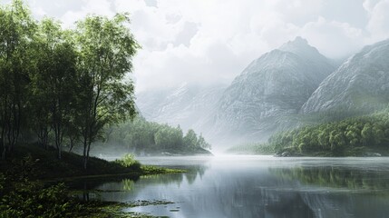 Naklejka premium Fog Over a Peaceful River at Dusk Nature and Mist Photography