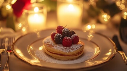 Photo of, A plate of fluffy buttermilk pancakes topped with fresh berries and drizzled with maple syrup, Pancakes arranged