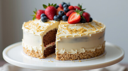 A decadent, multi-layered cake with rich chocolate frosting, decorated with swirls of cream and a scattering of chopped nuts on top. 