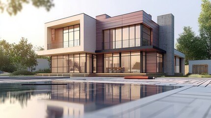 Fototapeta premium Modern Architectural Design of Contemporary House with Large Windows, Open Spaces, and Tranquil Outdoor Pool Area Surrounded by Lush Greenery in Bright Natural Light
