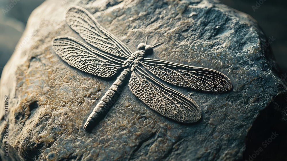 Poster detailed close-up of a dragonfly sculpture resting on a textured rock surface, showcasing intricate 