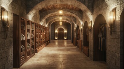 Fototapeta premium Elegant Medieval-Inspired Luxury Walk-In Closet with Wooden Shelving and Soft Lighting