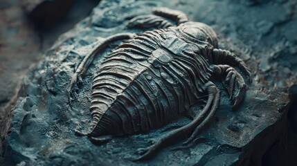 Naklejka premium Ancient Fossil of a Trilobite Embedded in Rock Displaying Detailed Preservation and Rich Textures, Perfect for Scientific and Educational Purposes