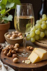 Elegant display of gourmet aged cheeses on a rustic wooden board, garnished with fresh herbs and paired with a glass of premium white wine; perfect for sophisticated dining and gatherings