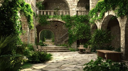 Naklejka premium Tranquil Medieval-Inspired Courtyard Oasis with Stone Walls and Lush Greenery for Relaxation and Reflection | Ultra-Detailed Photorealistic Interior Design