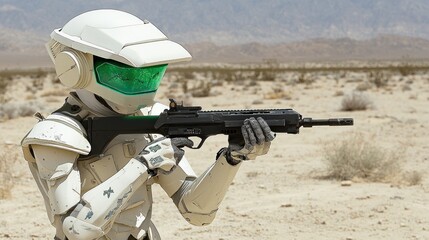Fototapeta premium Futuristic Robot Soldier in Desert Aiming Rifle