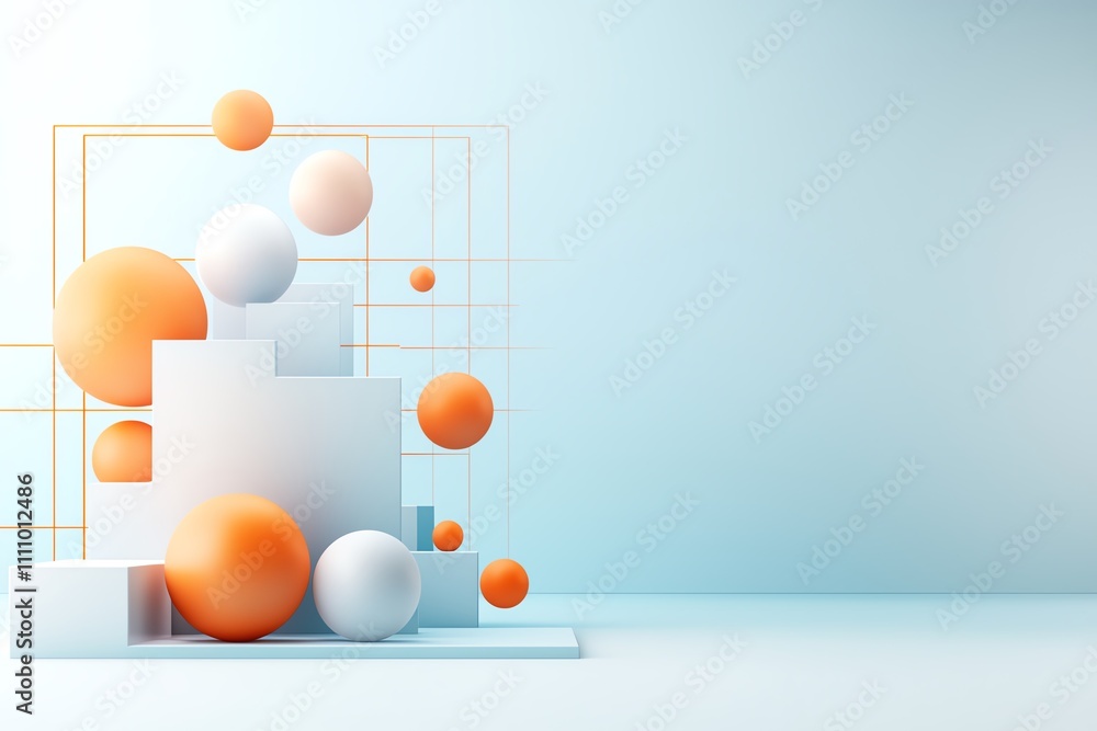 Poster a modern and abstract composition featuring geometric shapes in vibrant orange and white hues, creat