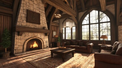 Obraz premium Cozy Modern-Medieval Family Room with Fireplace and Warm Atmosphere | Ultra-Detailed Interior Design Concept for Relaxation