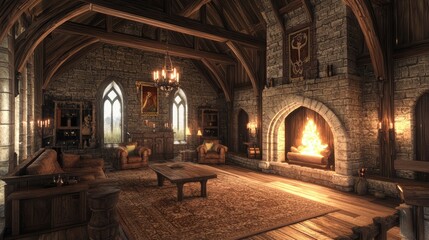 Fototapeta premium Modern-Medieval Cozy Family Room with Fireplace and Modern Furnishings, Creating an Inviting Atmosphere for Relaxation | Ultra-Detailed Interior Design Image