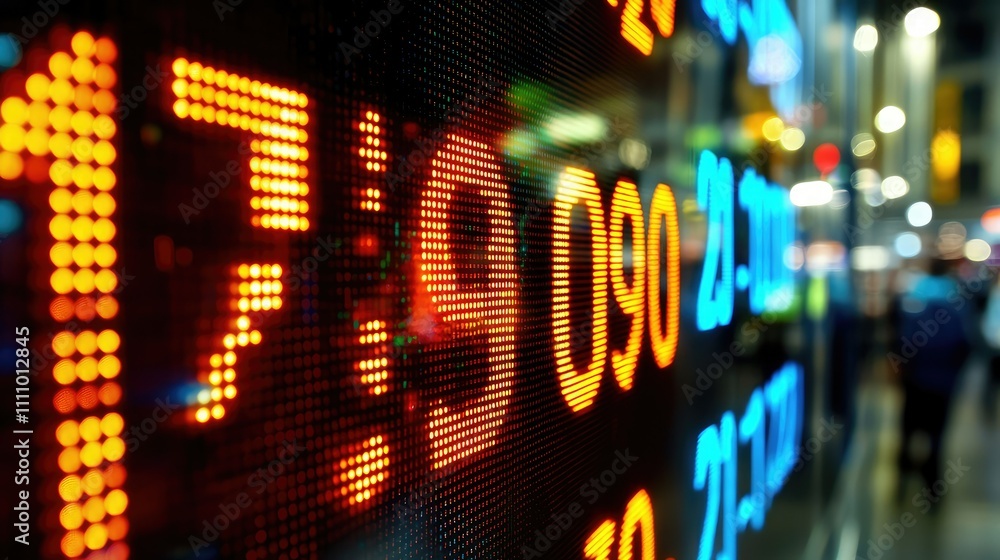 Poster brightly lit stock market ticker tape displaying real-time financial data in a urban setting with vi