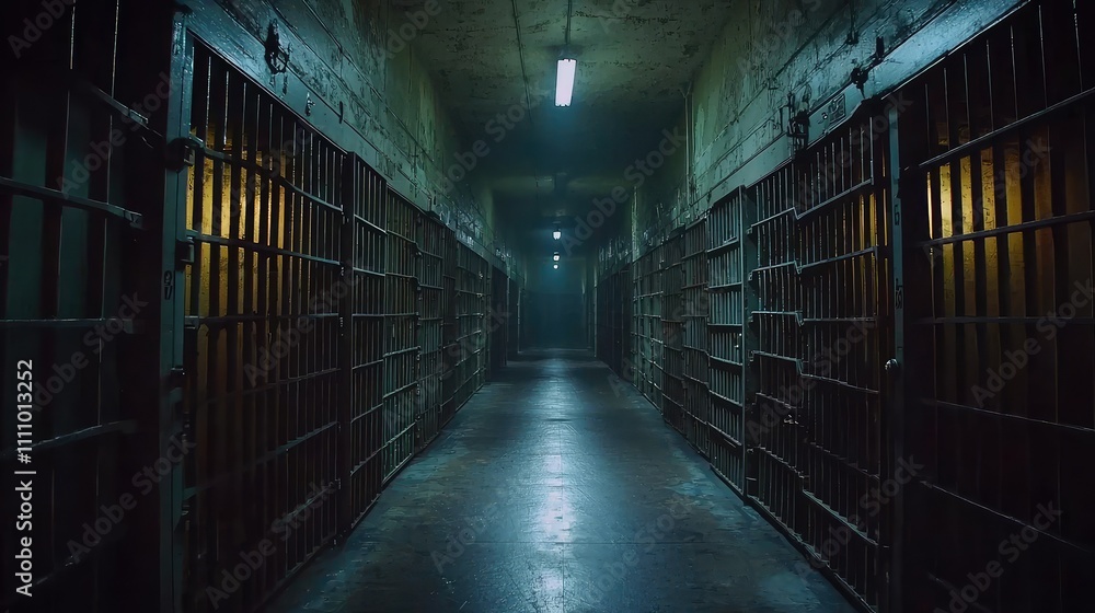 Poster dark and gloomy prison corridor with rows of closed cell doors and dim lighting creating an atmosphe