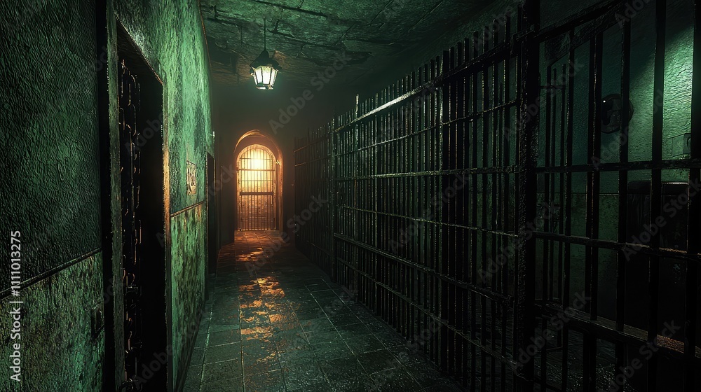 Poster dark and eerie hallway with metal bars and soft light at the end enhancing the mysterious atmosphere