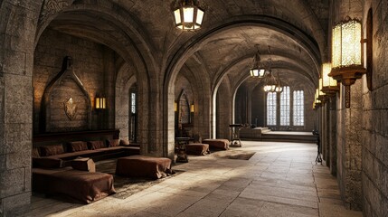 Obraz premium Modern-Medieval Fusion: Stylish Media Center with Comfortable Seating and Technology in a Medieval-Inspired Interior Design for Entertainment and Relaxation