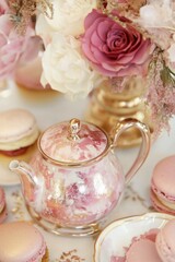 tea party setup with a teapot ,a beautiful pastel color floral bouquet, pastel macarons, pastel cupcakes, luxury vibe in pinks and golds.