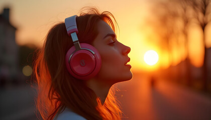 Girl in headphones listening to music in the city at sunset.