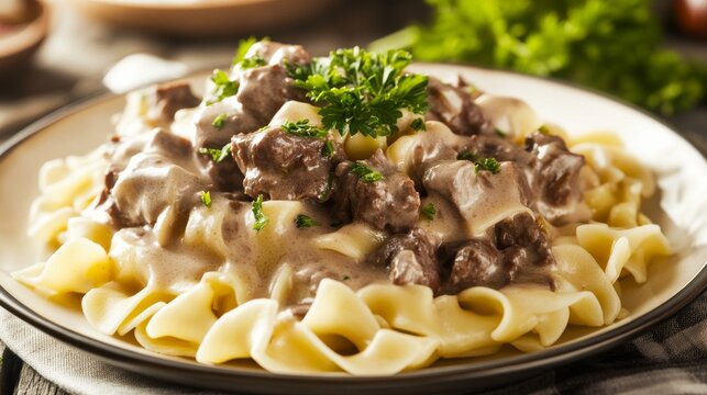 Photo of, A plate of hearty beef stroganoff served over a bed of buttered egg noodles, Stroganoff on plate