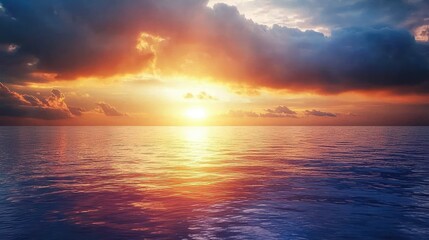 Fototapeta premium Serene Sunset Over Calm Ocean Waves with Dramatic Clouds Illuminated by Warm Sunlight Reflecting on Tranquil Water Surface