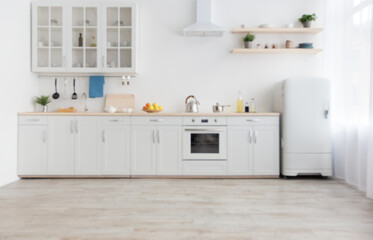 Kitchen modern scandinavian interior with white furniture with utensils, shelves with crockery and plants in pots, refrigerator in dining room. Simple design, rent and sale, blog at flat, empty space