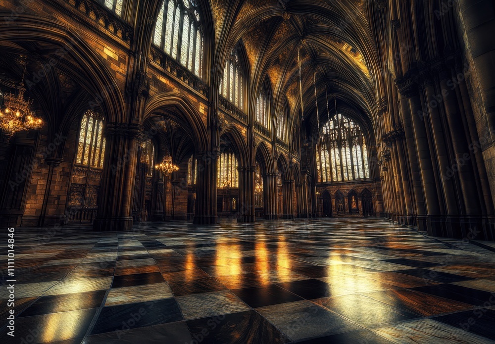Poster magnificent gothic architecture in a grand hall with illuminated windows and polished stone floor re
