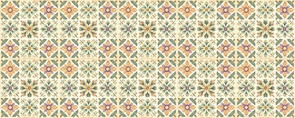 seamless pattern of Watercolor floral tile pattern orange green vintage design home decor autumn aesthetic 