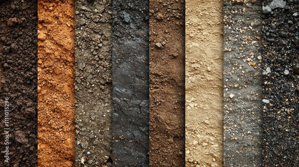 Poster varied earth textures displaying a spectrum of soil colors from dark to light with granular details 