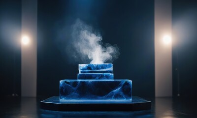 Mystical Ice Platform: A trio of shimmering blue marble blocks, bathed in ethereal blue light, with wispy smoke rising from the top, evokes a sense of otherworldly mystery and wonder. 