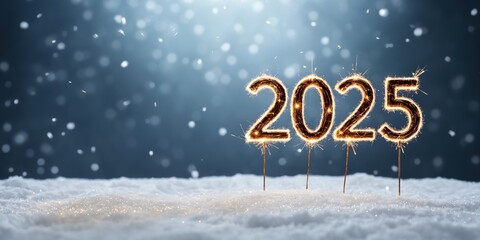 New Year 2025 text template. Close-up of 2025 written in sparklers, vibrant light on snowy landscape