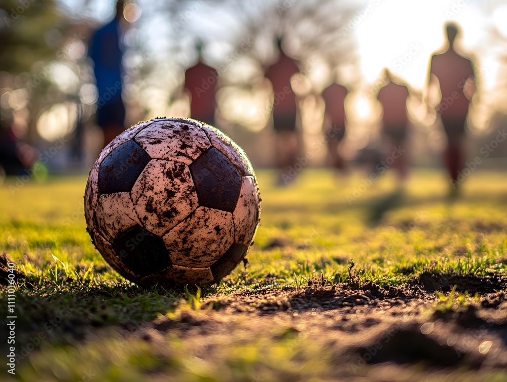 Poster close-up of a dirty soccer ball on grass with blurred players in the background during a sunset socc