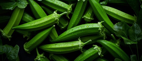 Fototapeta premium Fresh Water-Drenched Green Okra Arranged Among Green Leaves
