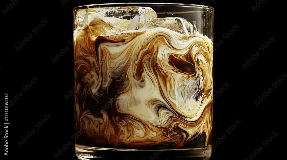 Poster Smooth Blend of Cream and Coffee Swirl in a Glass with Ice Cubes Capturing Richness and Depth of Flavor in a Dark Setting