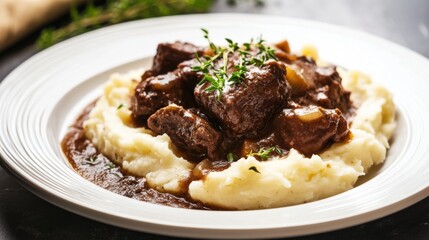 Photo of, A plate of tender beef bourguignon served with creamy mashed potatoes and garnished with fresh thyme, Beef bourguignon plate centered