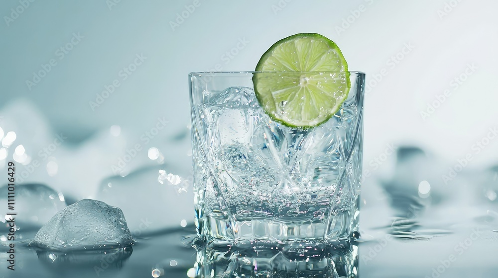 Aufkleber refreshing drink with lime slice and ice cubes in crystal glass on shimmering surface ideal for refr