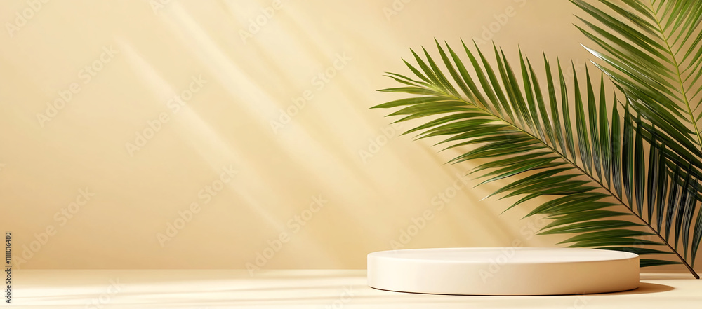 Aufkleber Minimalist display area with palm leaf and soft lighting in a neutral setting