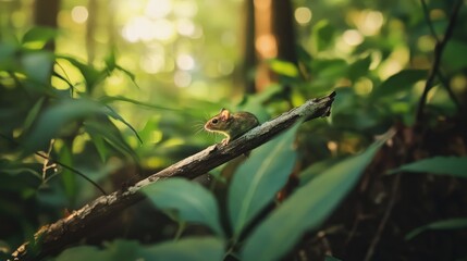 Fototapeta premium Wild Wood mouse resting on a stick on the forest floor with lush green vegetation