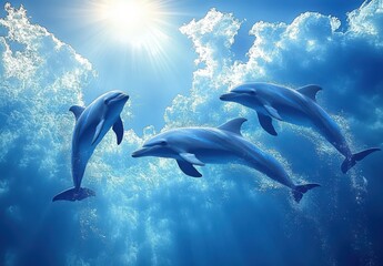 Fototapeta premium Majestic Dolphins Swimming Gracefully Under the Sunlit Ocean Surface, Surrounded by Vibrant Waves and Airy Clouds in a Crystal Clear Blue Sea