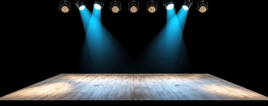 A dimly lit stage with blue spotlight beams, creating an atmospheric setting for performances or presentations.